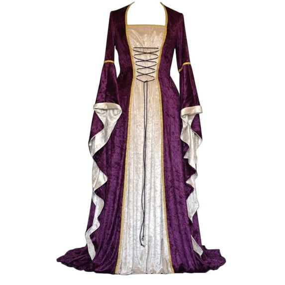 ZVAVZ Womens Wedding Guest Medieval Costume Dress Flare Sleeve Lace up Over Long Dresses Irish Fairy Wedding Guest Dress for Purple,L