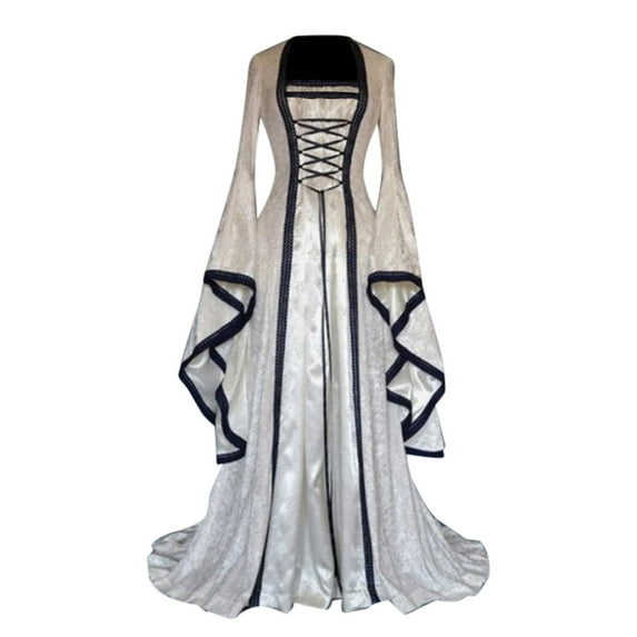 ZVAVZ Womens Wedding Guest Medieval Costume Dress Flare Sleeve Lace up Over Long Dresses Irish Fairy Wedding Guest Dress for White,L