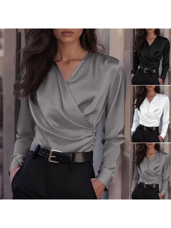 Womens Work Wrap Tops Long Sleeve Dress Blouses with Side Button Solid Business Casual T-Shirts Regular Fit Work Office Formal Clothings 2026 Gray XXL
