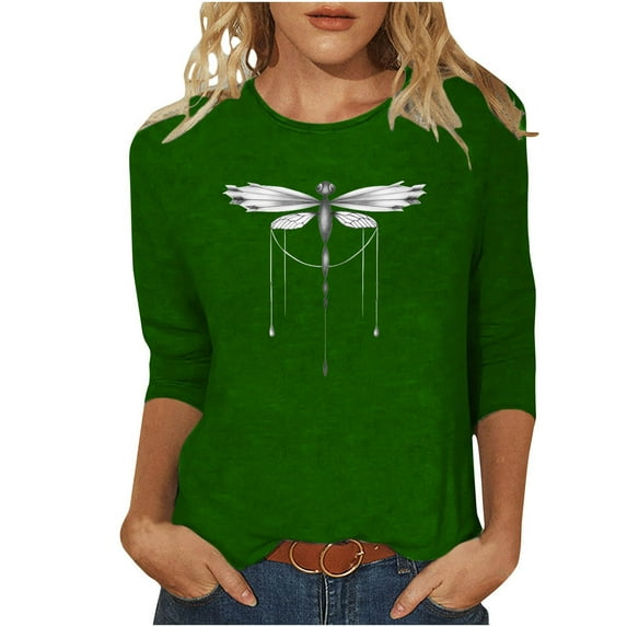 ZVAVZ Summer Tops for Women Dressy Round Neck 3/4 Length Sleeve Tunic Blouse for Women Trendy Boho Cute Going Out Top Shirts