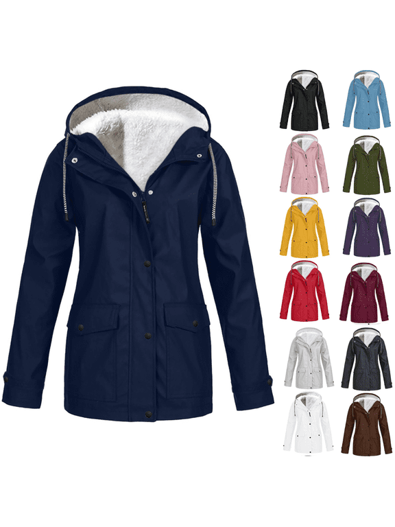 Zip Up Jackets for Women,Womens Plus Size Fleece Lined Rain Jackets Waterproof with Hood Windbreaker Outerwear Outdoor Hooded Trench Coats,Sequin Jackets for Women