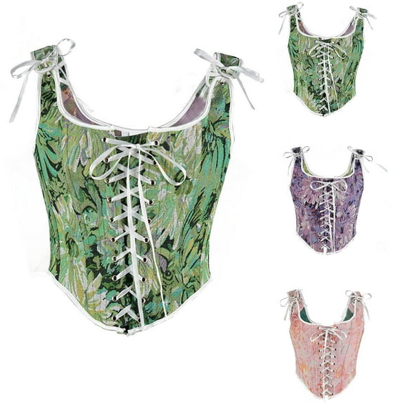 ZVAVZ corset tops for women Plus Size Vintage pirate Renaissance Style Corsets floral corset Jacquard Bandeau Shaper Top Green,XS