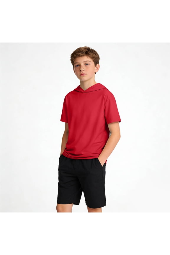 ZVNAΖH Boys' Short Sleeve Hooded T-Shirt, Casual Solid Pullover for Kids 5-15 Years