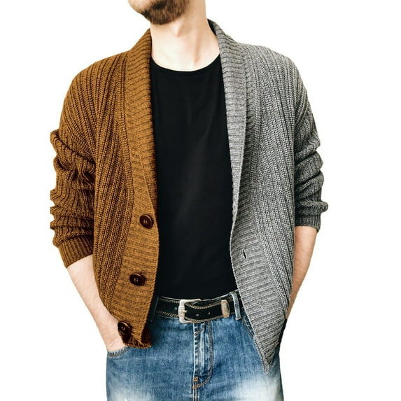 ZVNAΖH Cardigan Sweaters for Men, Color Block Cardigan Men Shawl Collar Cardigan Lightweight Button Down Cardigan Big and Tall Knit Sweater