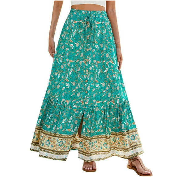 ZVNAΖH Skirts for Women Summer Skirts Vintage Printed High Waist Tie Seaside Vacation Beach Skirt Swing Skirt