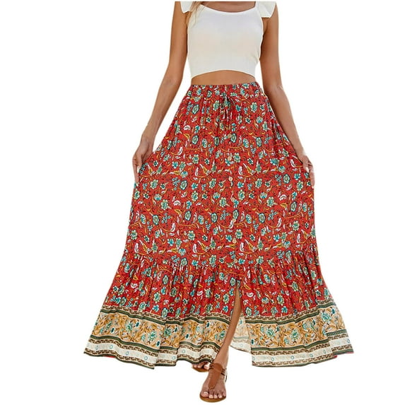 ZVNAΖH Skirts for Women Summer Skirts Vintage Printed High Waist Tie Seaside Vacation Beach Skirt Swing Skirt