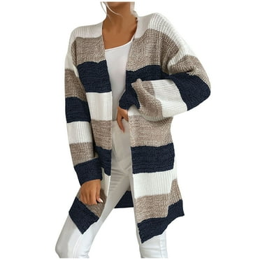ZVNAΖH Color Block Cardigan Sweater for Women Fashion Striped Sweater Slim Fit Cardigan Sweater Mid Length Open Front Sweater On Clearance