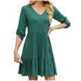 thumbnail image 1 of ZVNAΖH Dresses for Women Summer Short Sleeve Casual Dresses V-neck Pleated Flowy Dress Comfty Solid Color Button Cuff, 1 of 7