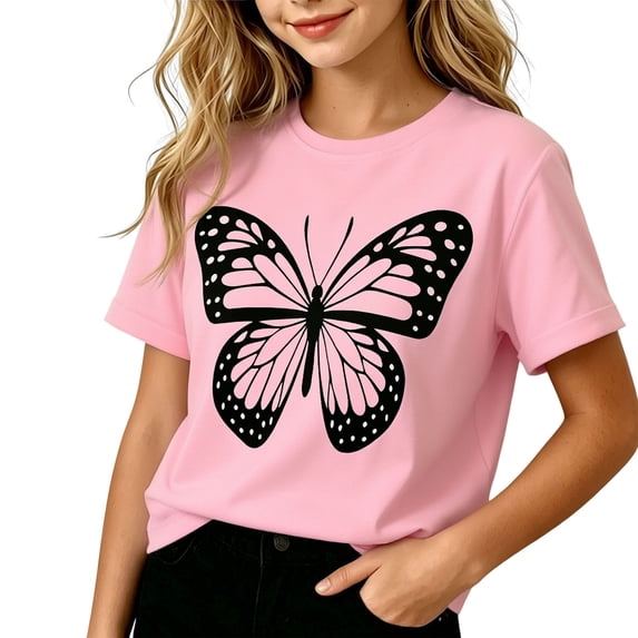 ZVNAΖH Girls' Butterfly Print T-Shirt, Kids Cotton Short Sleeve Crew Neck Casual Top for 2-12 Years