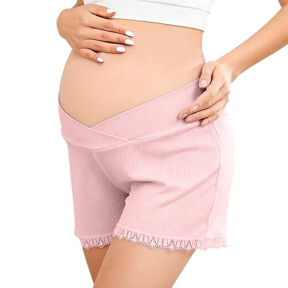 ZVNAΖH Maternity Lounge Shorts Comfy Ribbed Knit Sleep Shorts Low Waist Breathable Lace Trim Home Shorts for Pregnancy, M-3XL
