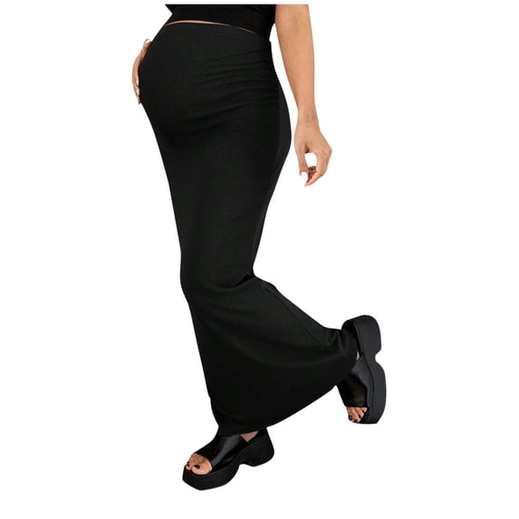 ZVNAΖH Maternity Rib Knit Maxi Skirt, Adjustable High Waist Ankle Length Long Skirt, Summer Casual Pregnancy Skirt with Side Ruche, S-2XL