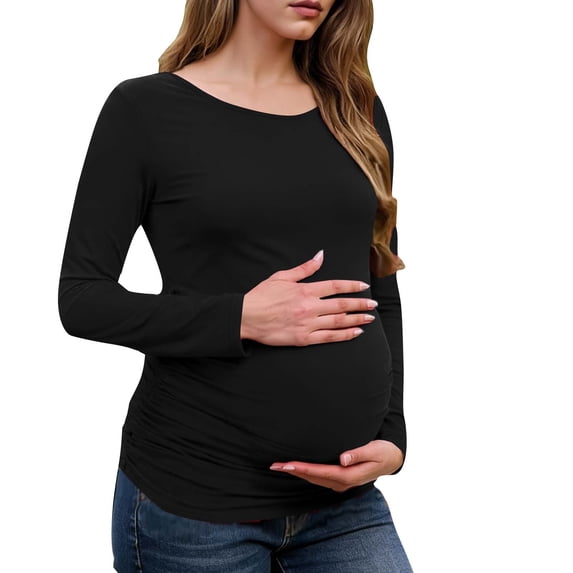 ZVNAΖH Maternity Shirts Long Sleeve Side Ruched Pregnancy Top for Women with Crew Neck Casual Tee Shirts, S-2XL