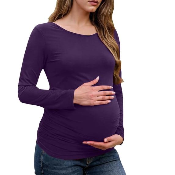ZVNAΖH Maternity Shirts Long Sleeve Side Ruched Pregnancy Top for Women with Crew Neck Casual Tee Shirts, S-2XL