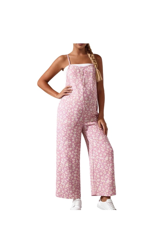 ZVNAΖH Maternity Sleeveless Spaghetti Strap Floral Print Jumpsuit, Boho Wide Leg Pregnancy Overalls for Spring Summer, S-XL