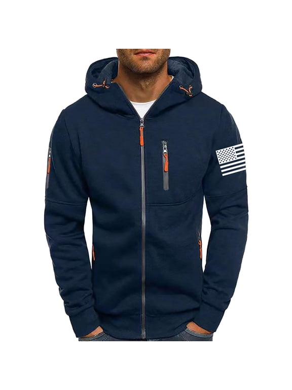 ZVNAΖH Men Hoodies with Zip Pockets Full Zip Long Sleeve Sweatshirt Sports Hooded Jacket US Flag Print Outwear