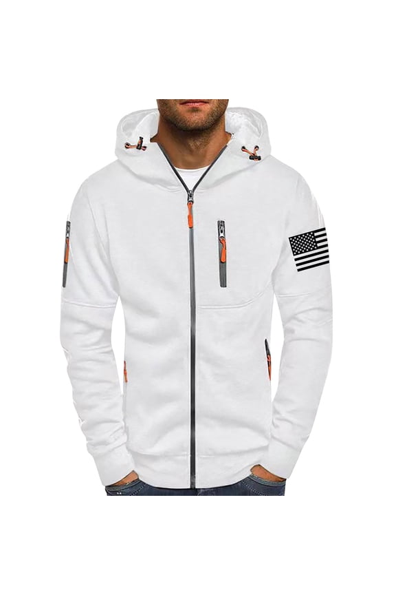 ZVNAΖH Men Hoodies with Zip Pockets Full Zip Long Sleeve Sweatshirt Sports Hooded Jacket US Flag Print Outwear