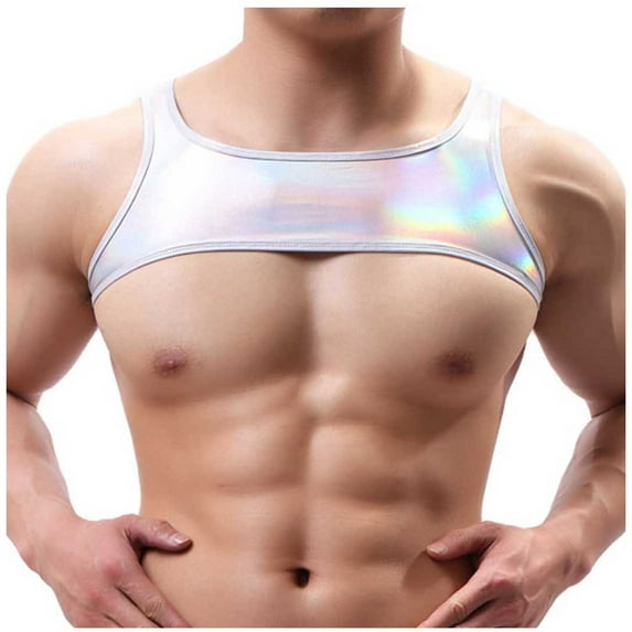 ZVNAΖH Men Shiny Crop Tank Top Metallic Sleeveless Muscle Top Chest Harness Bolero Shrugs Clubwear