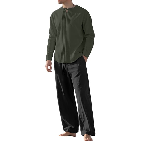 ZVNAΖH Men's 2-Piece Linen Set Keyhole Neck Long Sleeve Shirt & Wide Leg Pants Hawaiian Vacation Outfit Casual Beach Set
