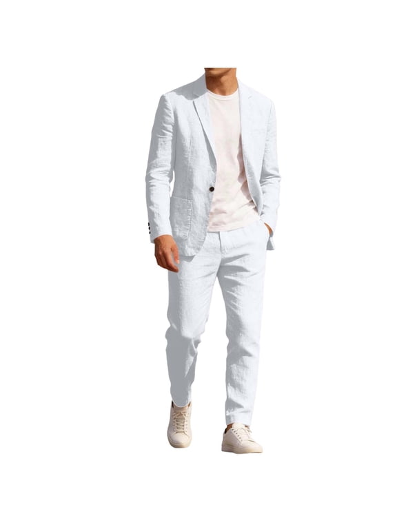 ZVNAΖH Men's 2 Piece Linen Suits Set Regular Fit Casual Lightweight One Button Blazer Jacket and Pull-on Pant Summer Beach Wedding, M-4XL