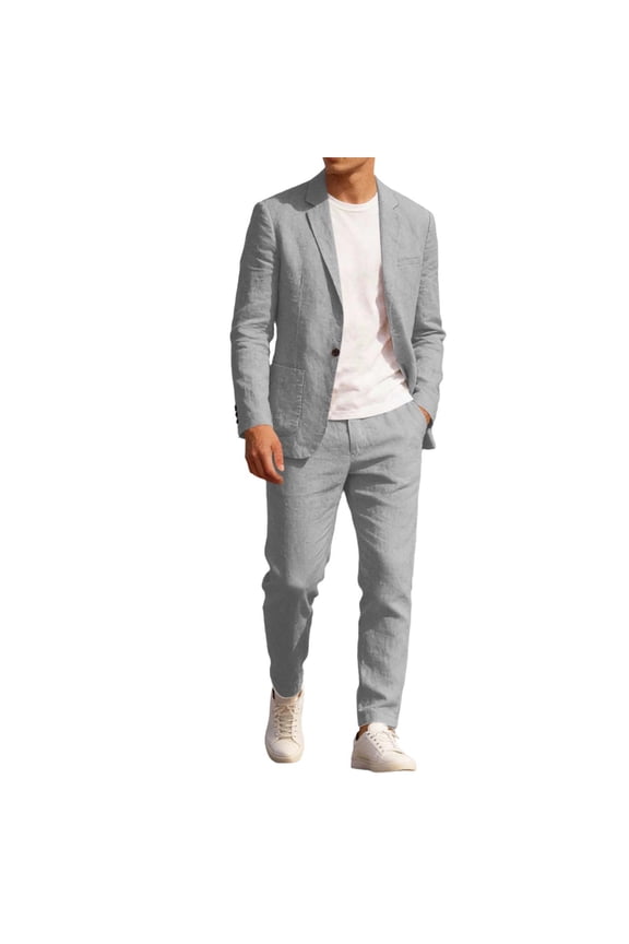 ZVNAΖH Men's 2 Piece Linen Suits Set Regular Fit Casual Lightweight One Button Blazer Jacket and Pull-on Pant Summer Beach Wedding, M-4XL