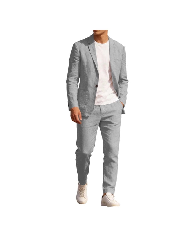 ZVNAΖH Men's 2 Piece Linen Suits Set Regular Fit Casual Lightweight One Button Blazer Jacket and Pull-on Pant Summer Beach Wedding, M-4XL
