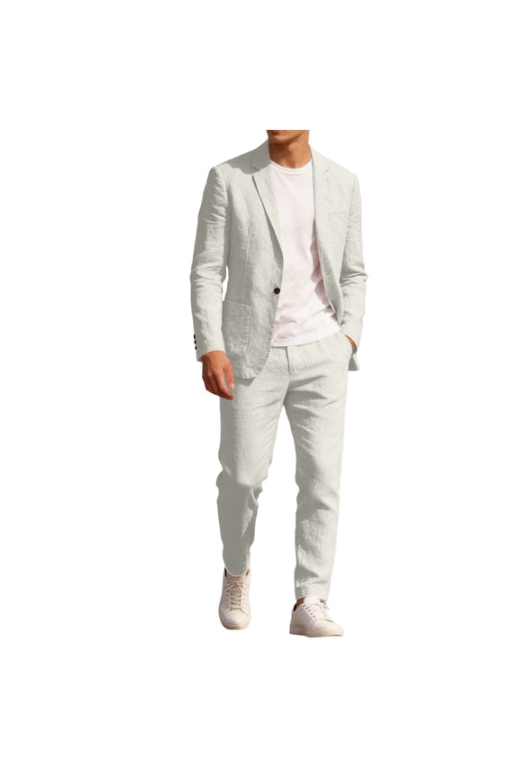 ZVNAΖH Men's 2 Piece Linen Suits Set Regular Fit Casual Lightweight One Button Blazer Jacket and Pull-on Pant Summer Beach Wedding, M-4XL