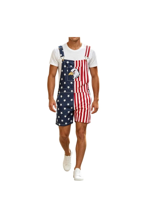 ZVNAΖH Men's American Flag Denim Short Overalls, Patriotic Eagle Embroidered Bib Shorts for Independence Day, 4th of July Streetwear, M-5XL