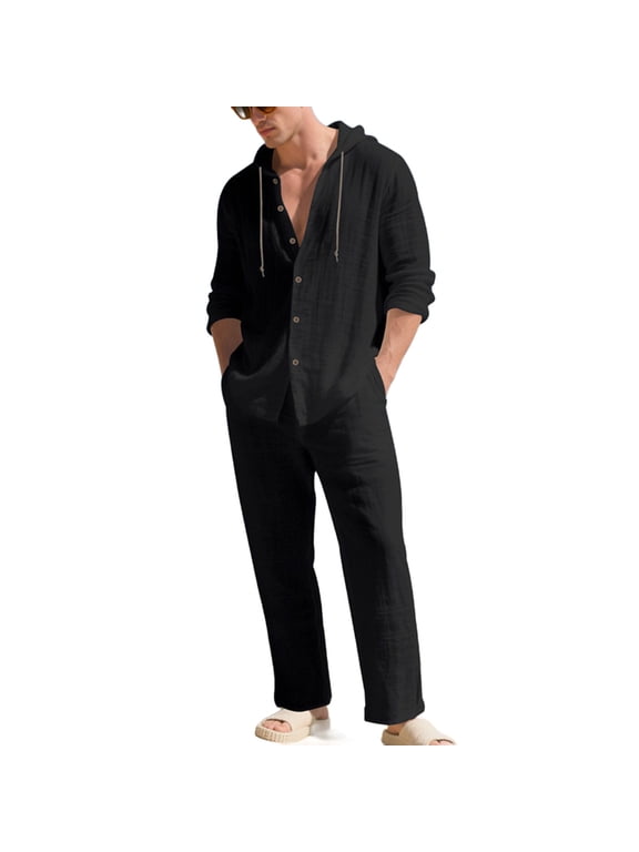 ZVNAΖH Men's Boho Linen 2-Piece Set Long Sleeve Hooded Button Up Shirt & Drawstring Pants Summer Beach Casual Outfit