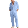 thumbnail image 1 of ZVNAΖH Men's Boho Linen 2-Piece Set Long Sleeve Hooded Button Up Shirt & Drawstring Pants Summer Beach Casual Outfit, 1 of 9