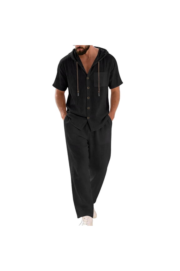 ZVNAΖH Men's Boho Linen 2-Piece Set Short Sleeve Hooded Button Up Shirt & Drawstring Pants Summer Beach Casual Outfit