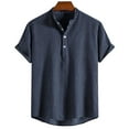 thumbnail image 1 of ZVNAΖH Men's Button Stand Up Collar Shirt Summer Casual Short Sleeve Shirt Stripe Cotton Blend Comfy Blouse Tops, 1 of 4