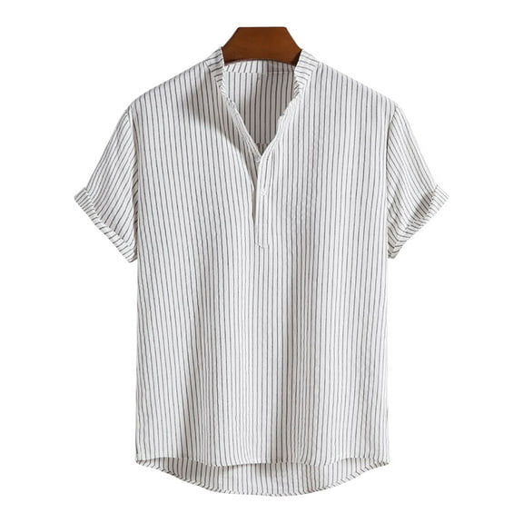 ZVNAΖH Men's Button Stand Up Collar Shirt Summer Casual Short Sleeve Shirt Stripe Cotton Blend Comfy Blouse Tops