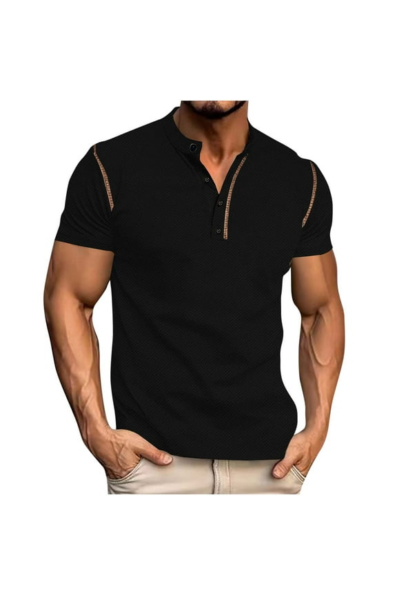 ZVNAΖH Men's Button Stand Up Collar Short Sleeve T-shirts Comfy Solid Vintage Pineapple Lattice Tops Versatile Tees, Sizes S-3XL