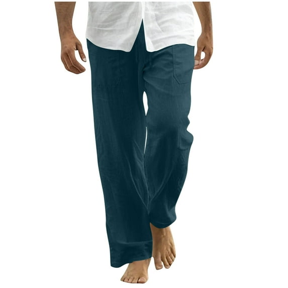 ZVNAΖH Men's Casual Linen Pants Loose Fit Drawstring Waist Lightweight Linen Trousers Summer Yoga Beach Long Pants