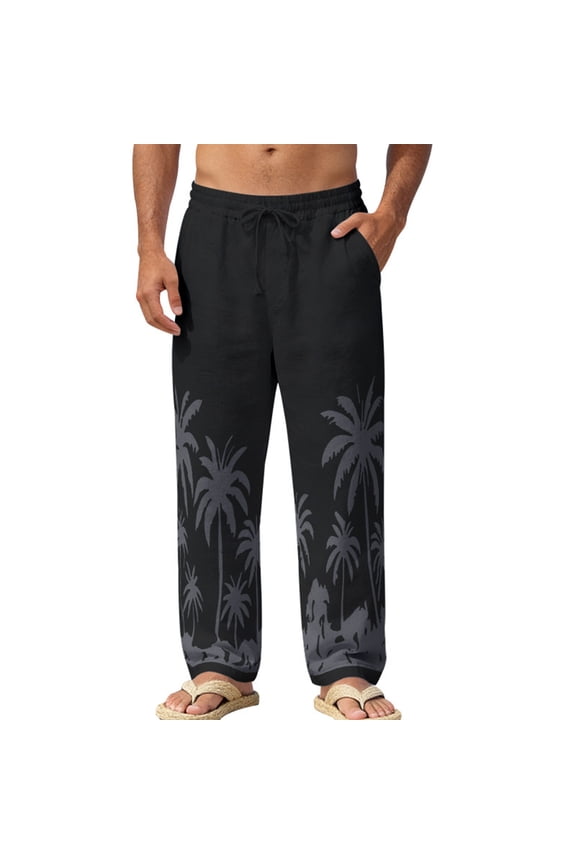 ZVNAΖH Men's Casual Linen Pants Loose Fit Elastic Drawstring Waist Straight-Legs Palm Tree Summer Yoga Beach Vacation Pants