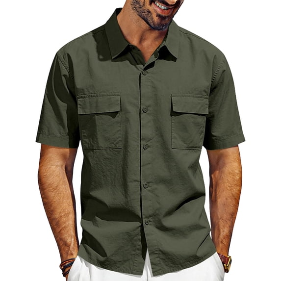 ZVNAΖH Men's Casual Linen Work Shirt, Short Sleeve Collared Button Down Utility Top with Multiple Pockets for Work & Daily, S-3XL