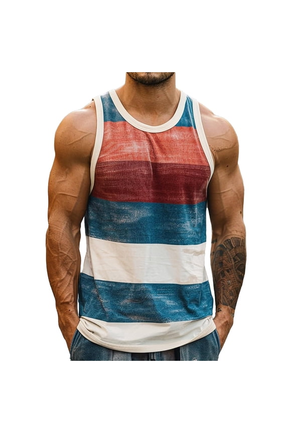 ZVNAΖH Men's Casual Tank Tops Crew Neck Sleeveless T Shirts Summer Beach Lightweight Muscle Tee Striped/Colorblock