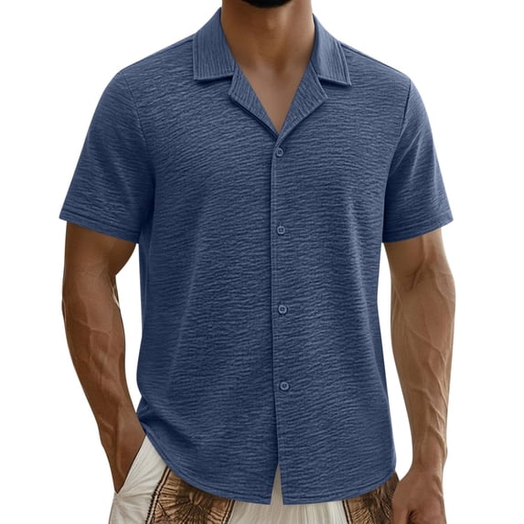 ZVNAΖH Men's Casual Textured Short Sleeve Shirt, Plain Button Down Cuban Collar Top for Daily & Vacation, S-3XL