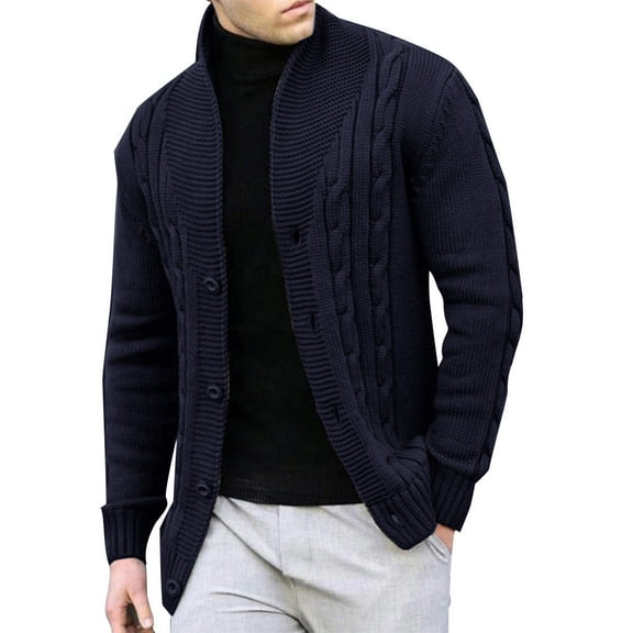 ZVNAΖH Men's Chunky Knit Sweater, Cable Knit Cardigan Button Down Stand Up Collar Ribbed Sweater Coat