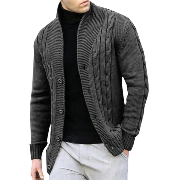 ZVNAΖH Men's Chunky Knit Sweater, Cable Knit Cardigan Button Down Stand Up Collar Ribbed Sweater Coat