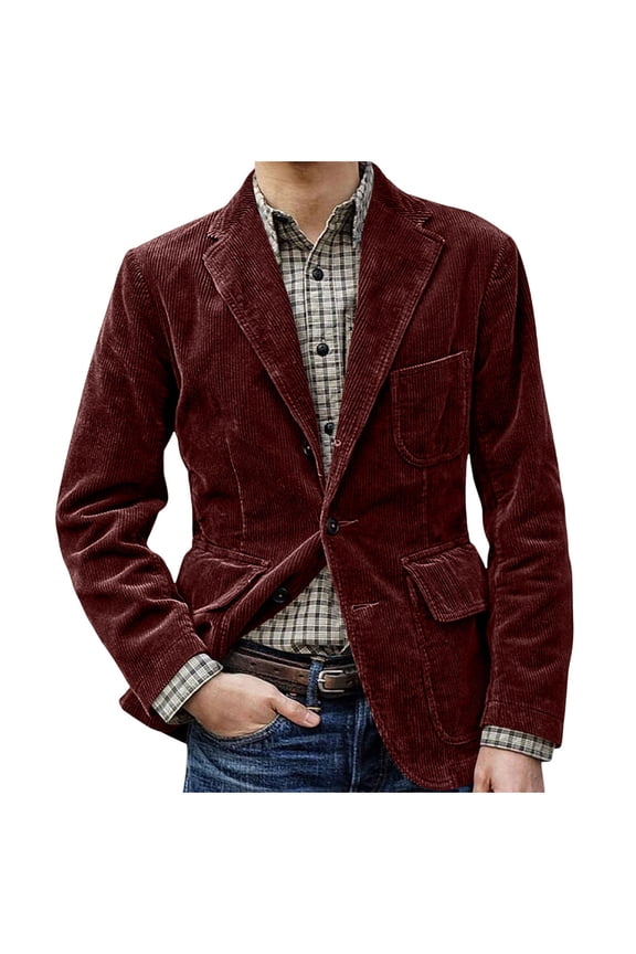 ZVNAΖH Men's Corduroy 2-Button Blazer, Notch Lapel Vintage Casual Suit Jacket with Patch Pockets, Autumn Winter Outerwear, S-2XL