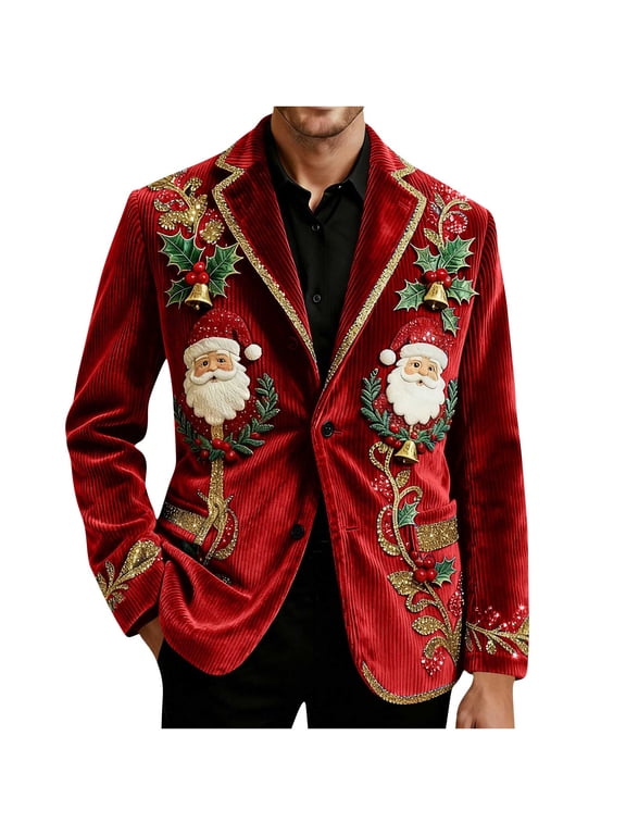 ZVNAΖH Men's Corduroy Christmas Blazer, Embroidered Santa Single Breasted Suit Jacket, Holiday Party Gift Coat, S-4XL