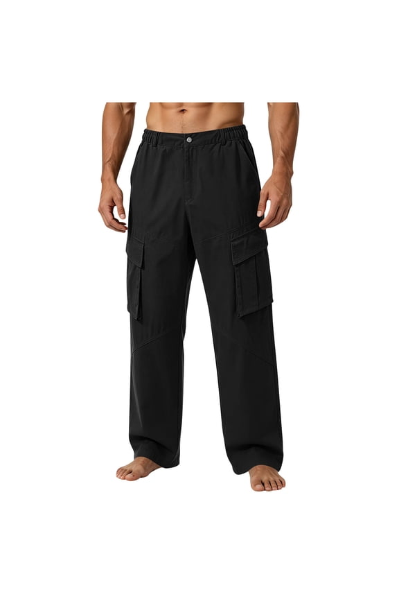 ZVNAΖH Men's Cotton Cargo Pants, Elastic Waist with Button & Zipper Fly, Loose Straight Leg Work Trousers with Multi Pockets, M-4XL