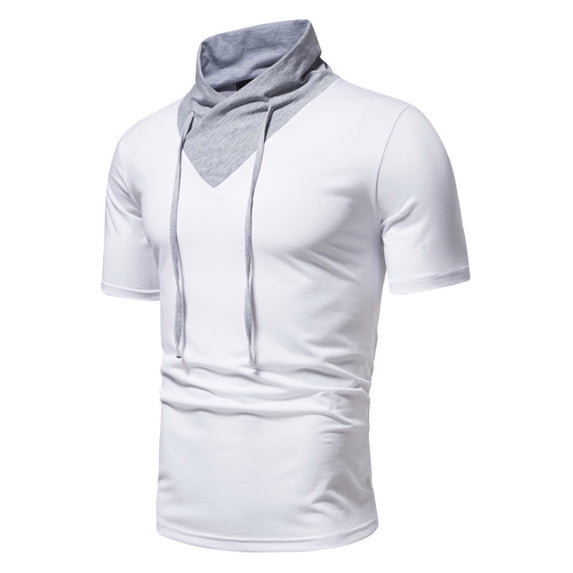 ZVNAΖH Men's Cotton Short Sleeve T-shirts Drawstring Stand Up Collar Cycling Outdoor Windproof Tops Comfy Solid Color Slim Fit Pullover