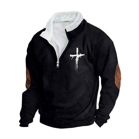 ZVNAΖH Men's Fleece Lined Stand Collar Pullover, 1/4 Zip Cross Print Top with Elbow Patches for Fall Winter, Big and Tall Available, S-5XL