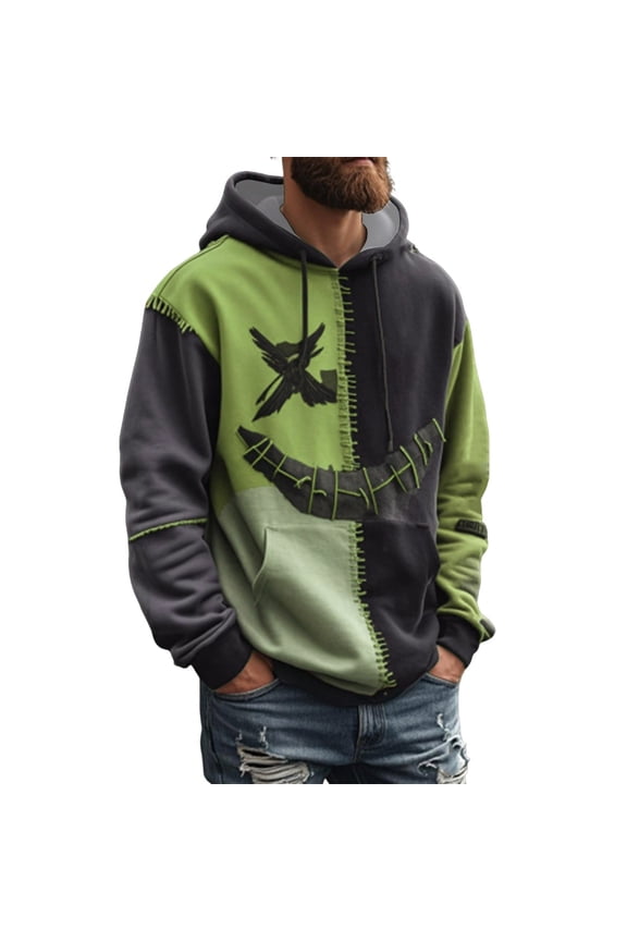 ZVNAΖH Men's Halloween Hoodie, Long Sleeve Stitch Patchwork Pullover with Drawstring Hood and Kangaroo Pocket, Casual Gothic Tops for Fall Winter, S-5XL