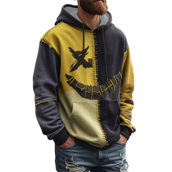 ZVNAΖH Men's Halloween Hoodie, Long Sleeve Stitch Patchwork Pullover with Drawstring Hood and Kangaroo Pocket, Casual Gothic Tops for Fall Winter, S-5XL