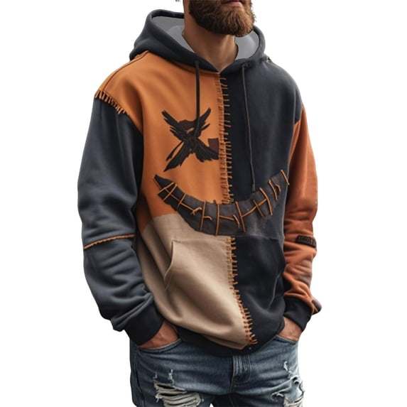 ZVNAΖH Men's Halloween Hoodie, Long Sleeve Stitch Patchwork Pullover with Drawstring Hood and Kangaroo Pocket, Casual Gothic Tops for Fall Winter, S-5XL
