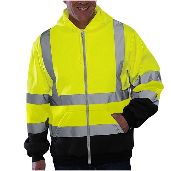 ZVNAΖH Men's High Visibility Reflective Full Zip Hoodie Long Sleeve Work Jacket for Construction Sanitation, M-4XL