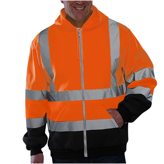 ZVNAΖH Men's High Visibility Reflective Full Zip Hoodie Long Sleeve Work Jacket for Construction Sanitation, M-4XL